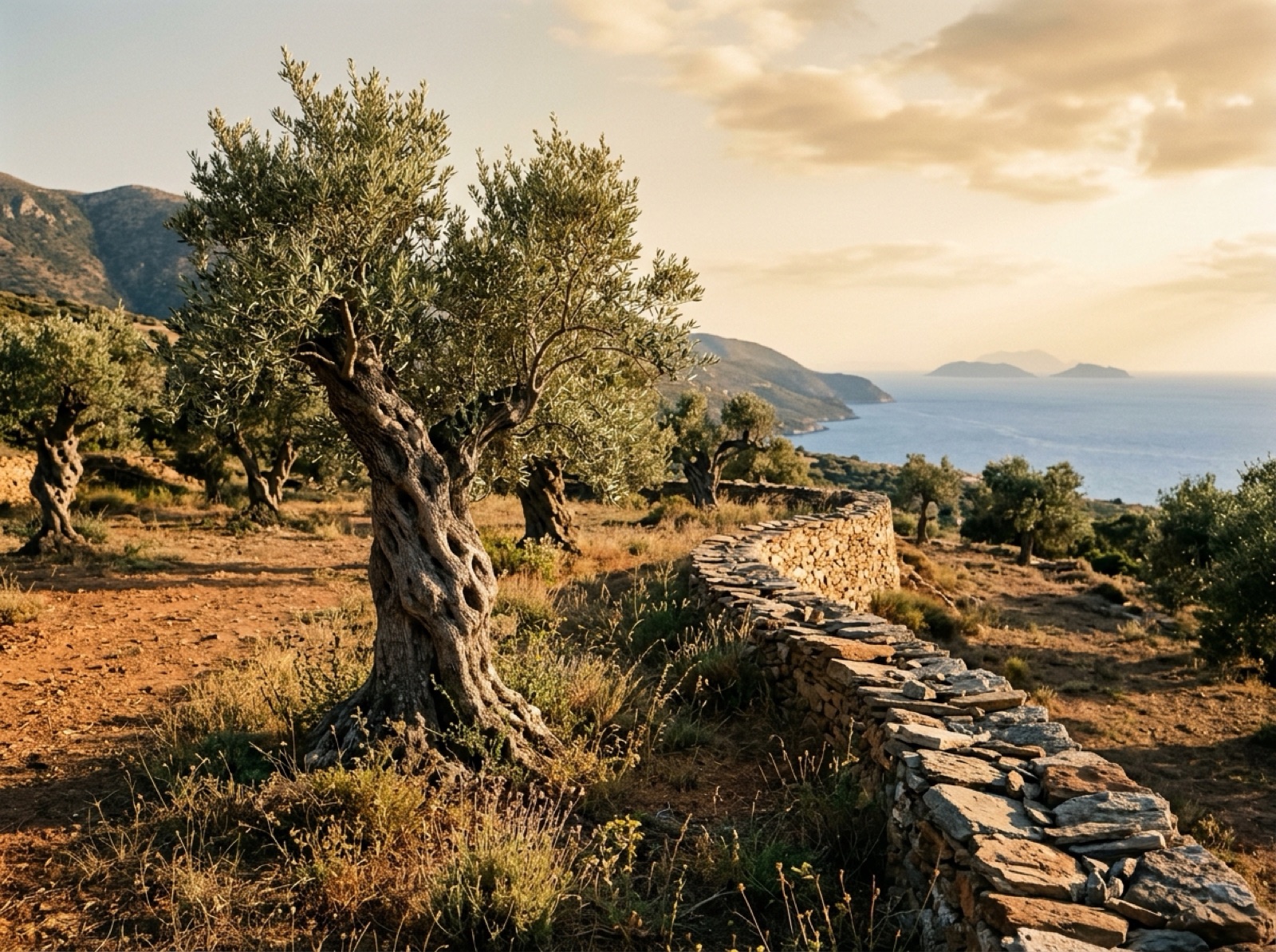Ancient olive trees on terracotta soil with the sea on the horizon