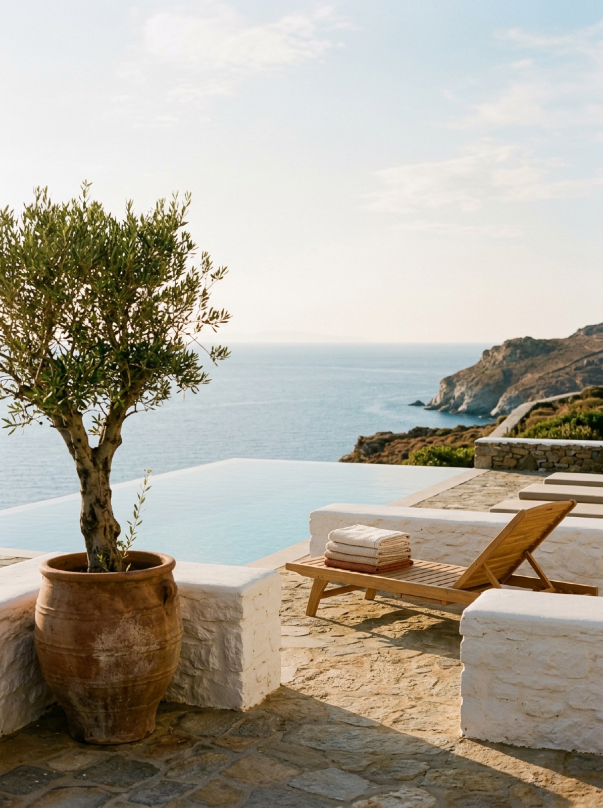 Villa terrace with a swimming pool overlooking the open sea