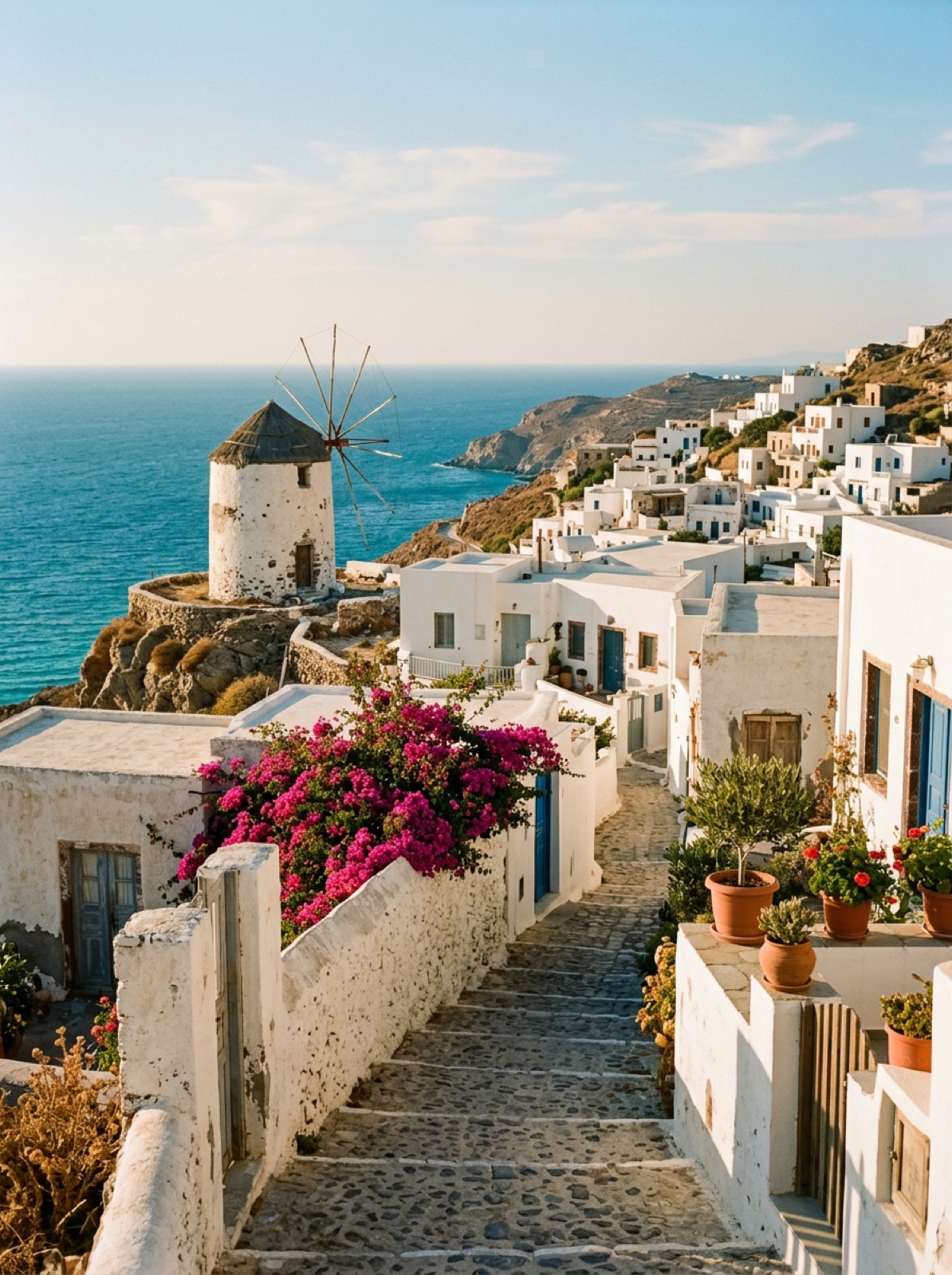 Whitewashed coastal village with a traditional windmill above the sea